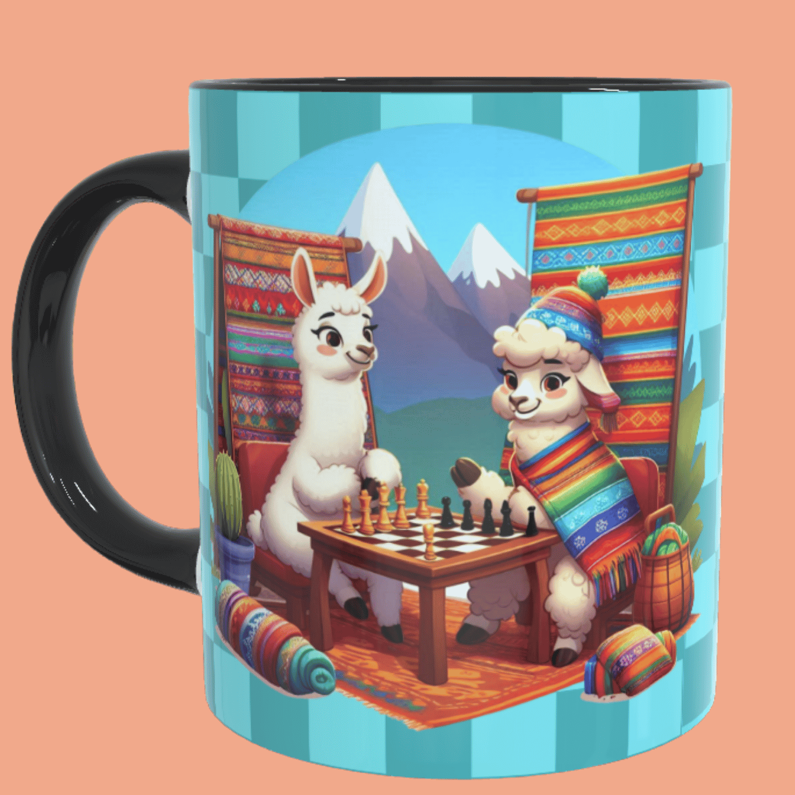 Llamas jugando ajedrez, tazas