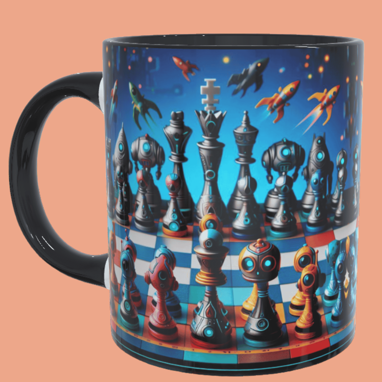 Piezas de ajedrez robots, tazas