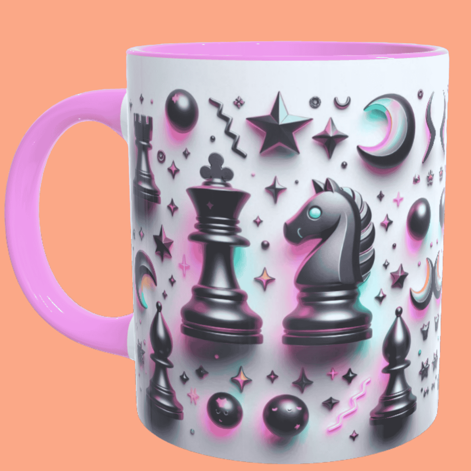 Piezas de ajedrez goticas neón, tazas